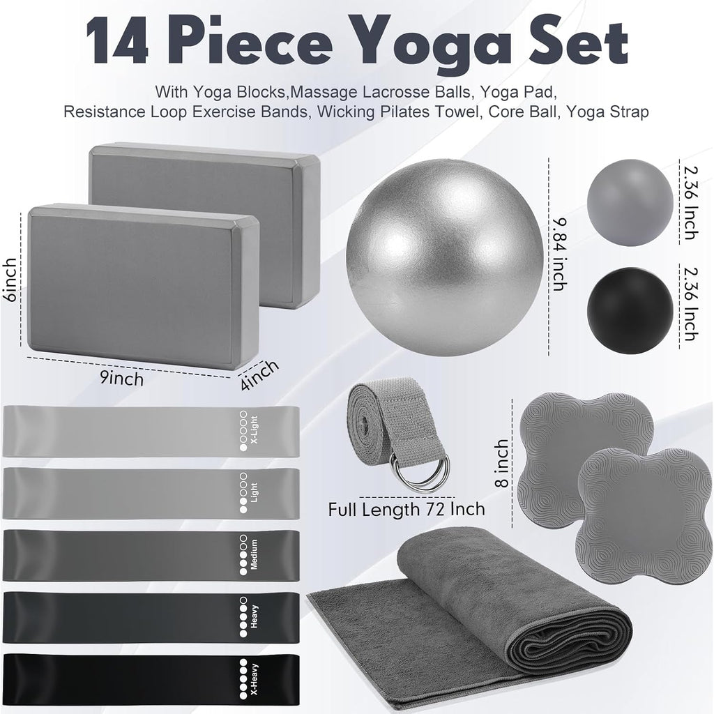 14 Pcs Yoga Kits for Home Workouts Pilates Equipment Set for Women Beginners, Hot Yoga Towel Blocks Strap, Knee Pad