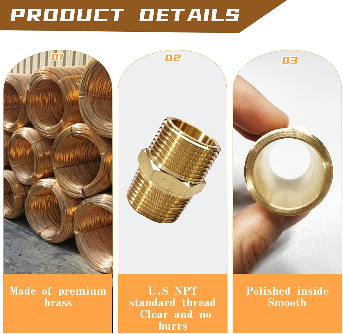2PCS Hex Brass Nipple 1/2” Male X 1/2” Male NPT Pipe Fitting