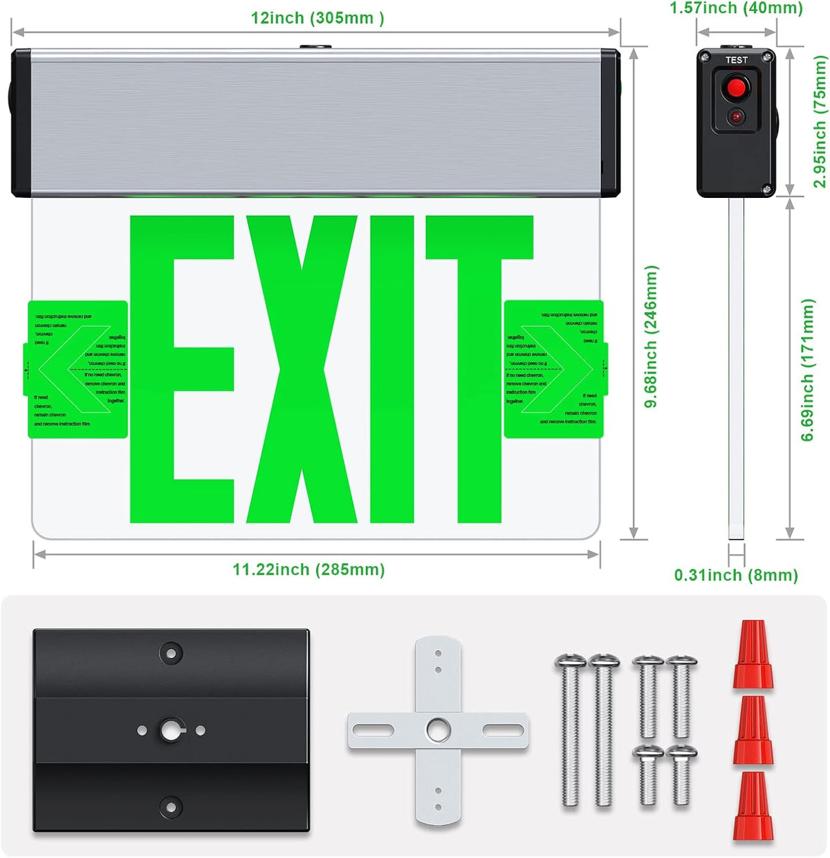 Green LED Edge Lit Exit Sign Brushed Aluminum Housing, UL Listed Emergency Exit Signs Single Sided Clear Acrylic with