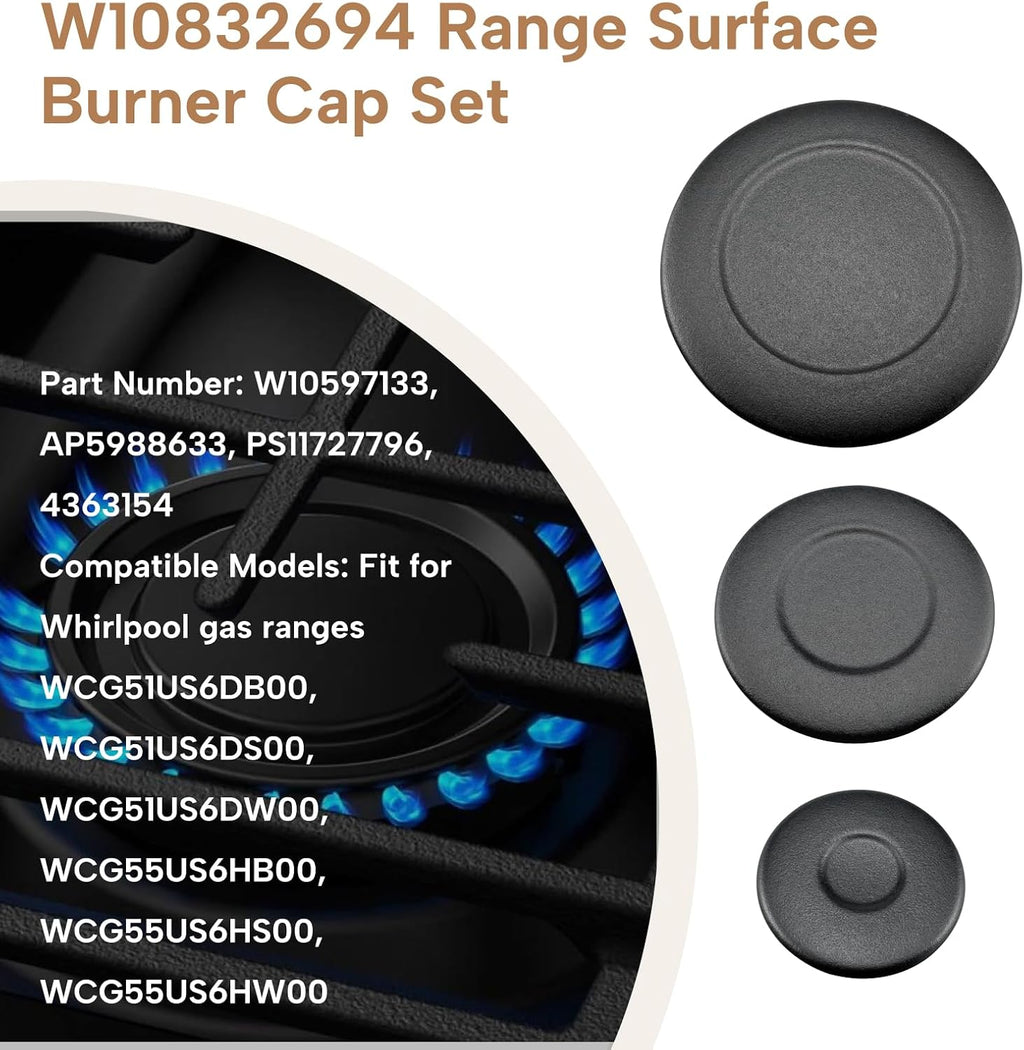 W10832694 Range Surface Burner Cap Set Replacement Fit for Whirlpool Ranges WCG51US6DB00 WCG51US6DS00 Replaces W10597133 AP5988633 PS11727796 5-Piece Gas Stove Burner Caps Black Cast Iron