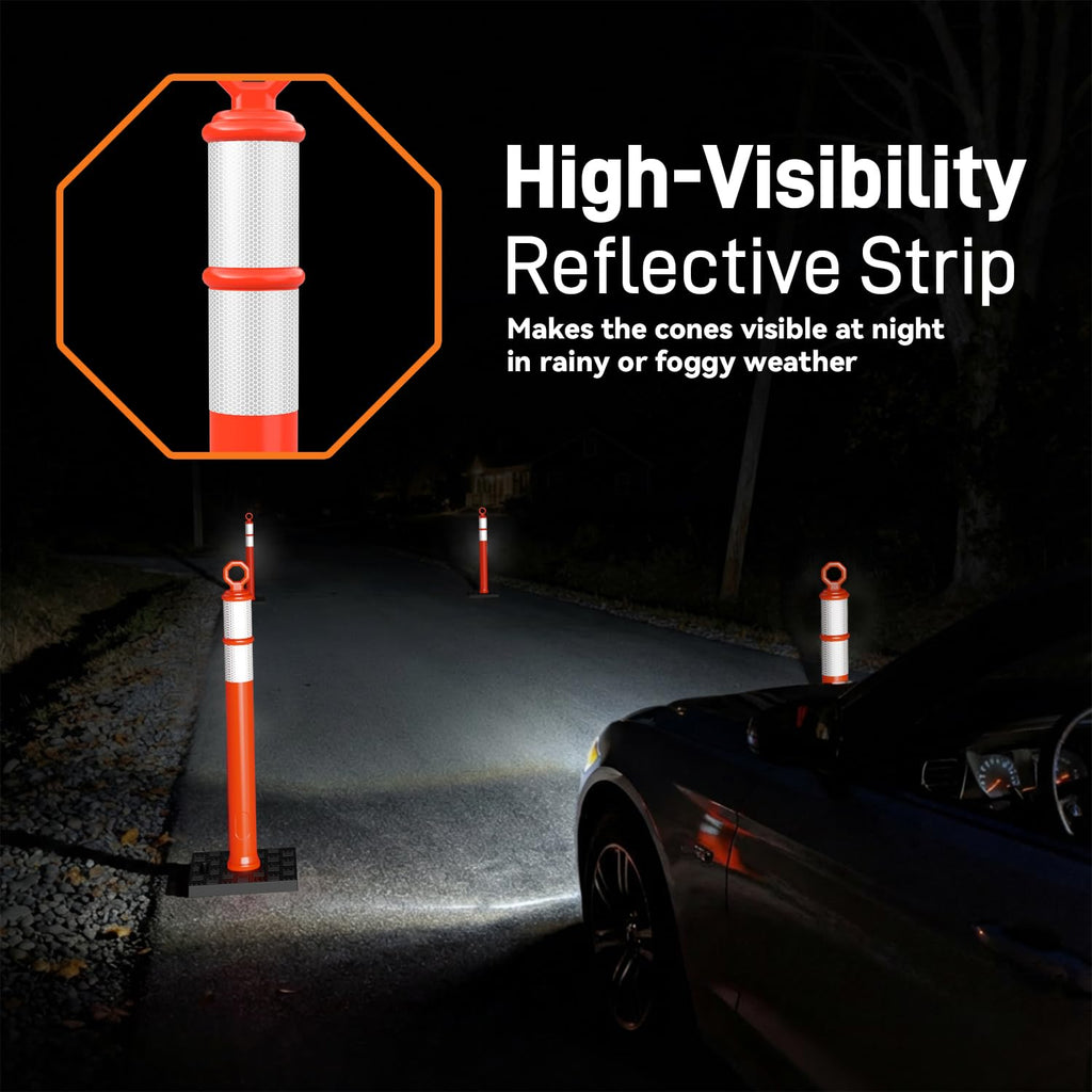 6 Pack 42" Traffic Delineator Posts, Tall Cones for Parking | Detachable Base Stores Easily; Reflective Strips
