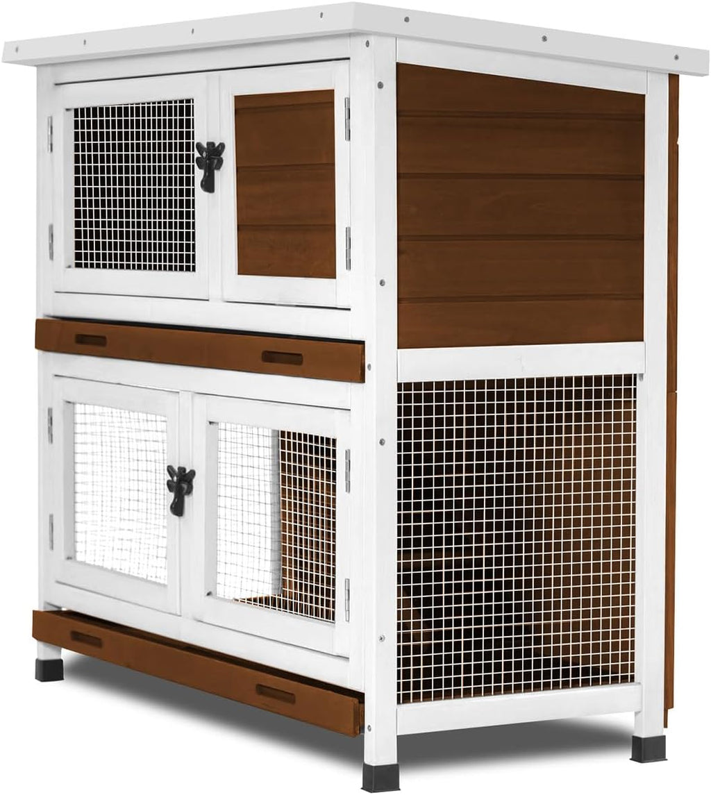 2 Story Rabbit Hutch, Indoor Outdoor Bunny Hutch Solid Wood Rabbit Cage with Removable Trays, Waterproof Asphalt