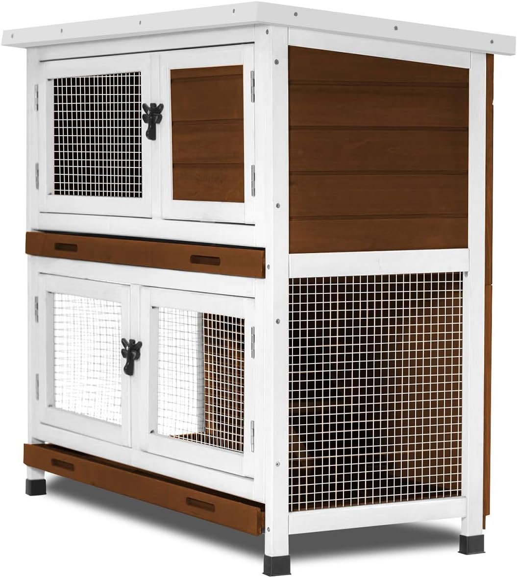 2 Story Rabbit Hutch, Indoor Outdoor Bunny Hutch Solid Wood Rabbit Cage with Removable Trays, Waterproof Asphalt