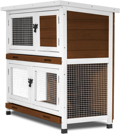 2 Story Rabbit Hutch, Indoor Outdoor Bunny Hutch Solid Wood Rabbit Cage with Removable Trays, Waterproof Asphalt