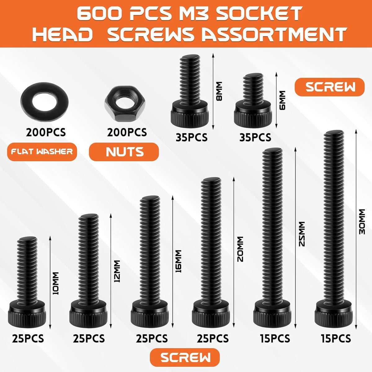 Hapric 600 Pcs M3 Screws Assortment Kit, M3x 6-30MM Bolts Kits