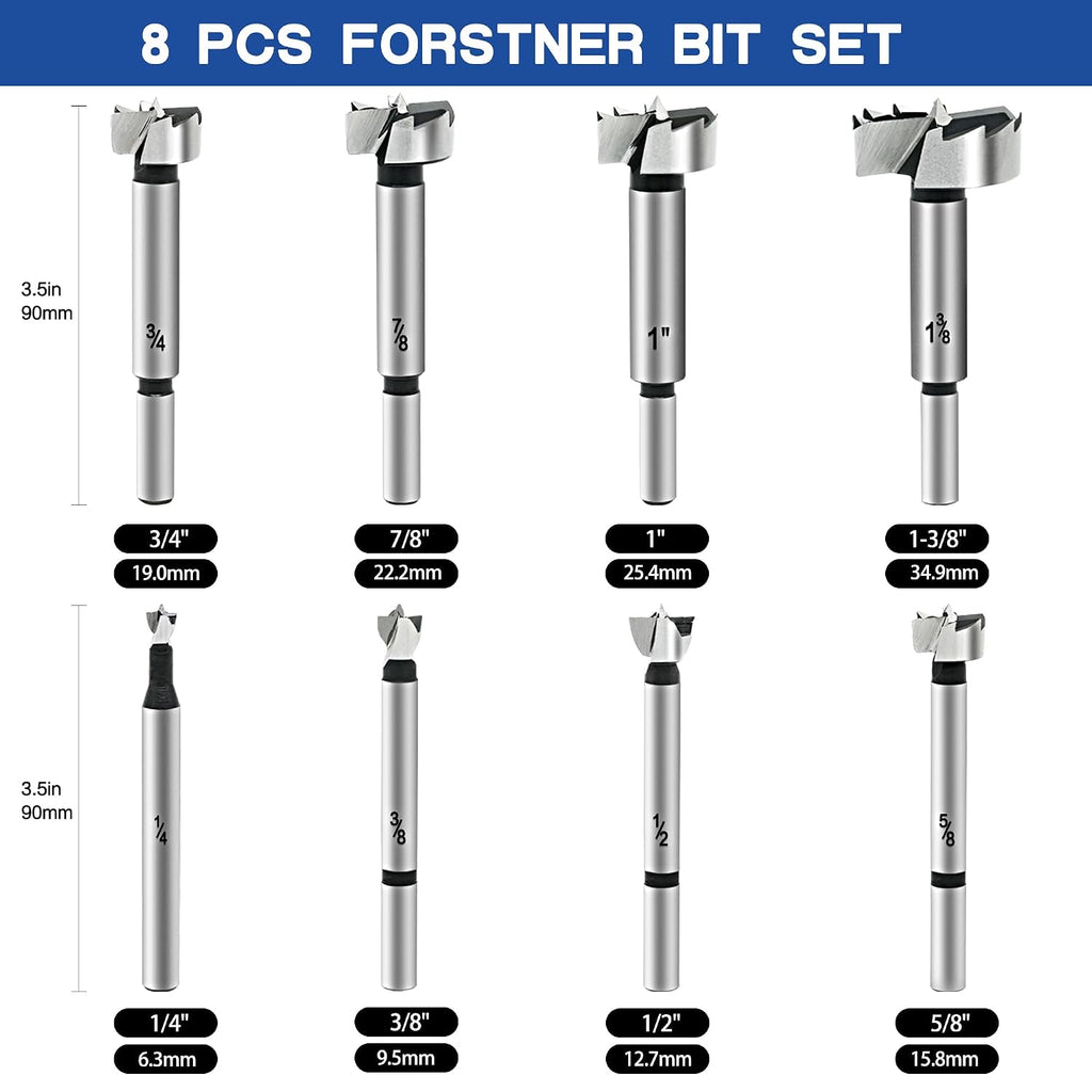 8 Piece Forstner Bit Set, Made of Alloy Steel, Forstner Bits for Woodworking, Auger Opener Round Shank Drilling