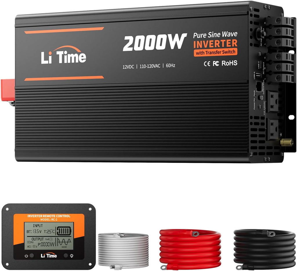 12V 2000W Power Inverter with ATS Transfer Switch, 12V DC-120V AC | 4000W Surge Power, 2 AC Output Sockets, USB &