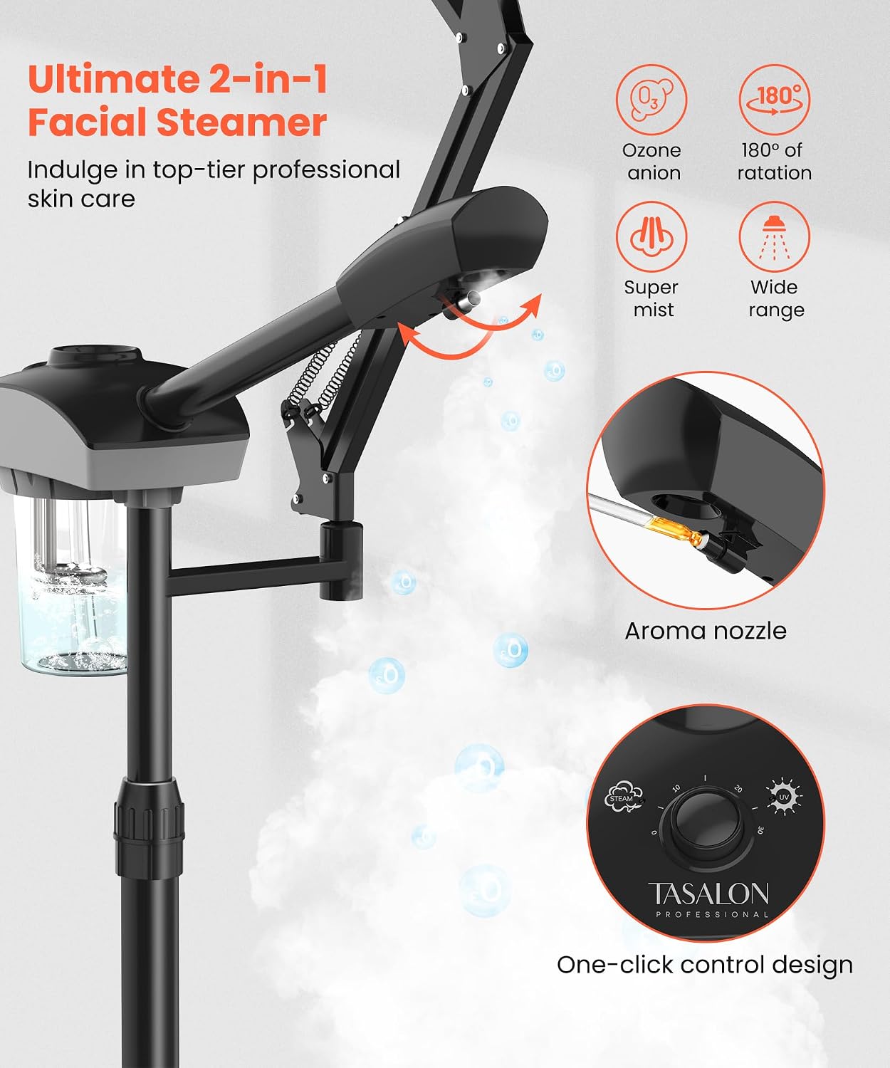 2-in-1 Professional Facial Steamer with 5X Magnifying Lamp | Esthetician Steamer on Wheels with Ozone and Hot Mist