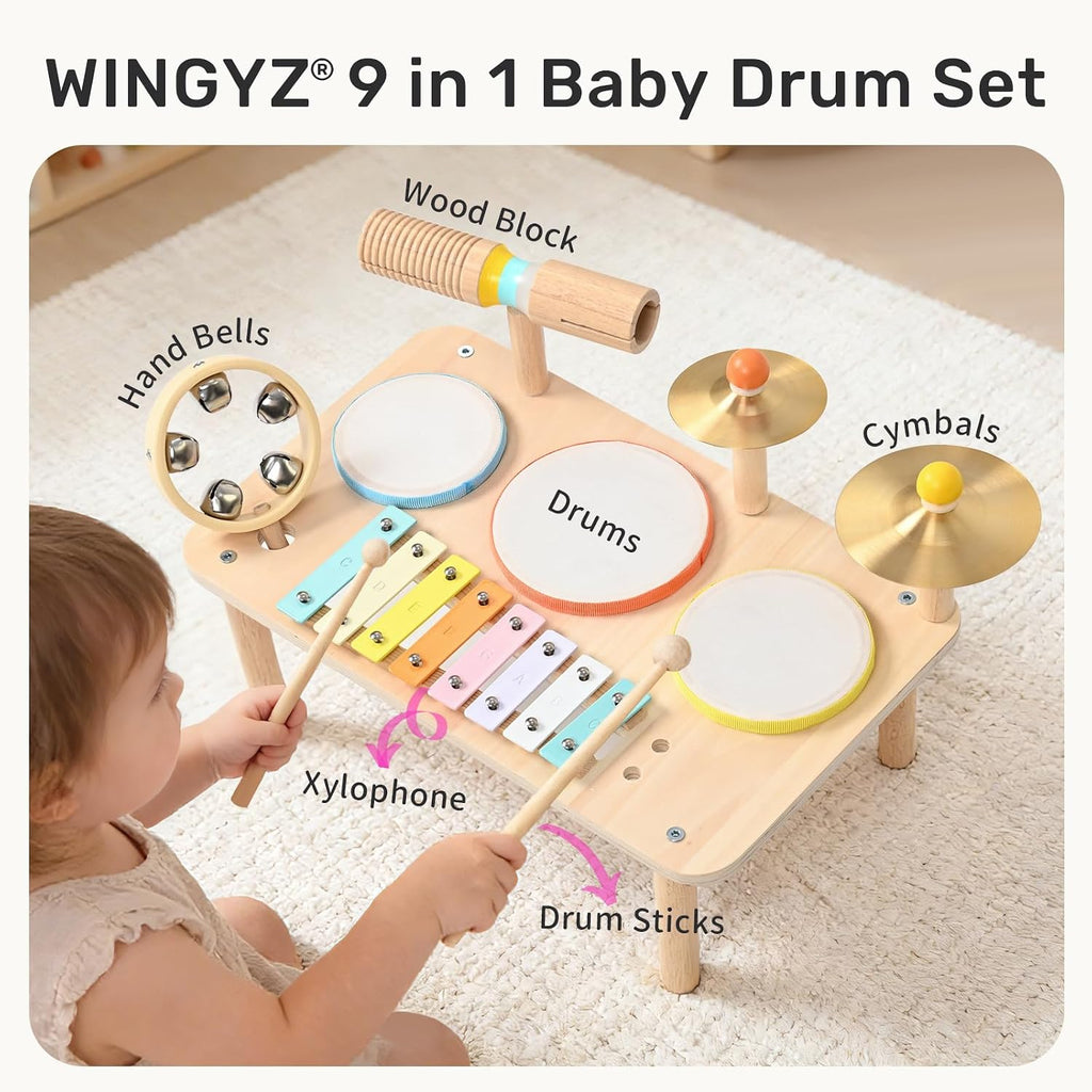 Kids Drum Set, 9-in-1 Montessori Toys | Wooden Musical Instruments for Toddlers, Baby Musical Toys with Drums