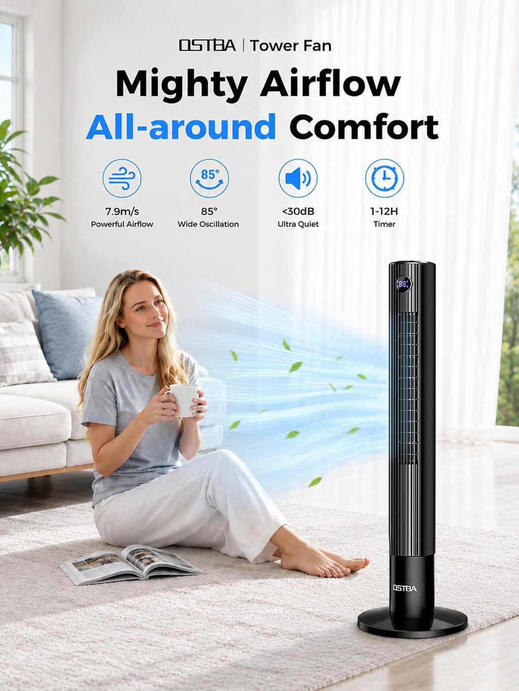 43'' Tower Fan for Bedroom, 85° Oscillating, 12H Timer, with Remote | 28dB Cooling with LED Display,3 Speeds, 2