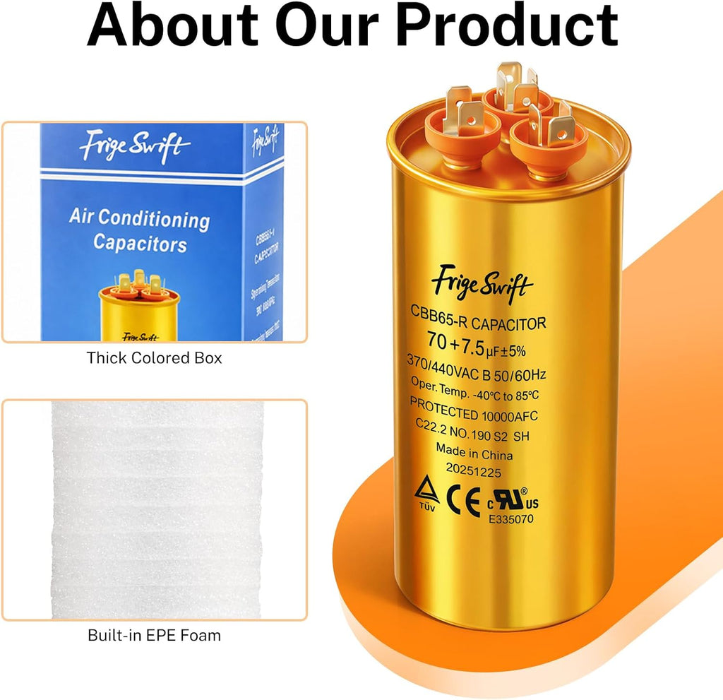 70+7.5 uF ±5% 370/440 VAC CBB65 Round Dual Run Capacitor 10-Pack