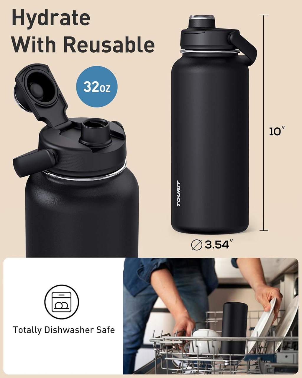 24 oz Insulated Stainless Steel Water Bottle, Obsidian | Double-wall vacuum thermal flask with top handle, leakproof