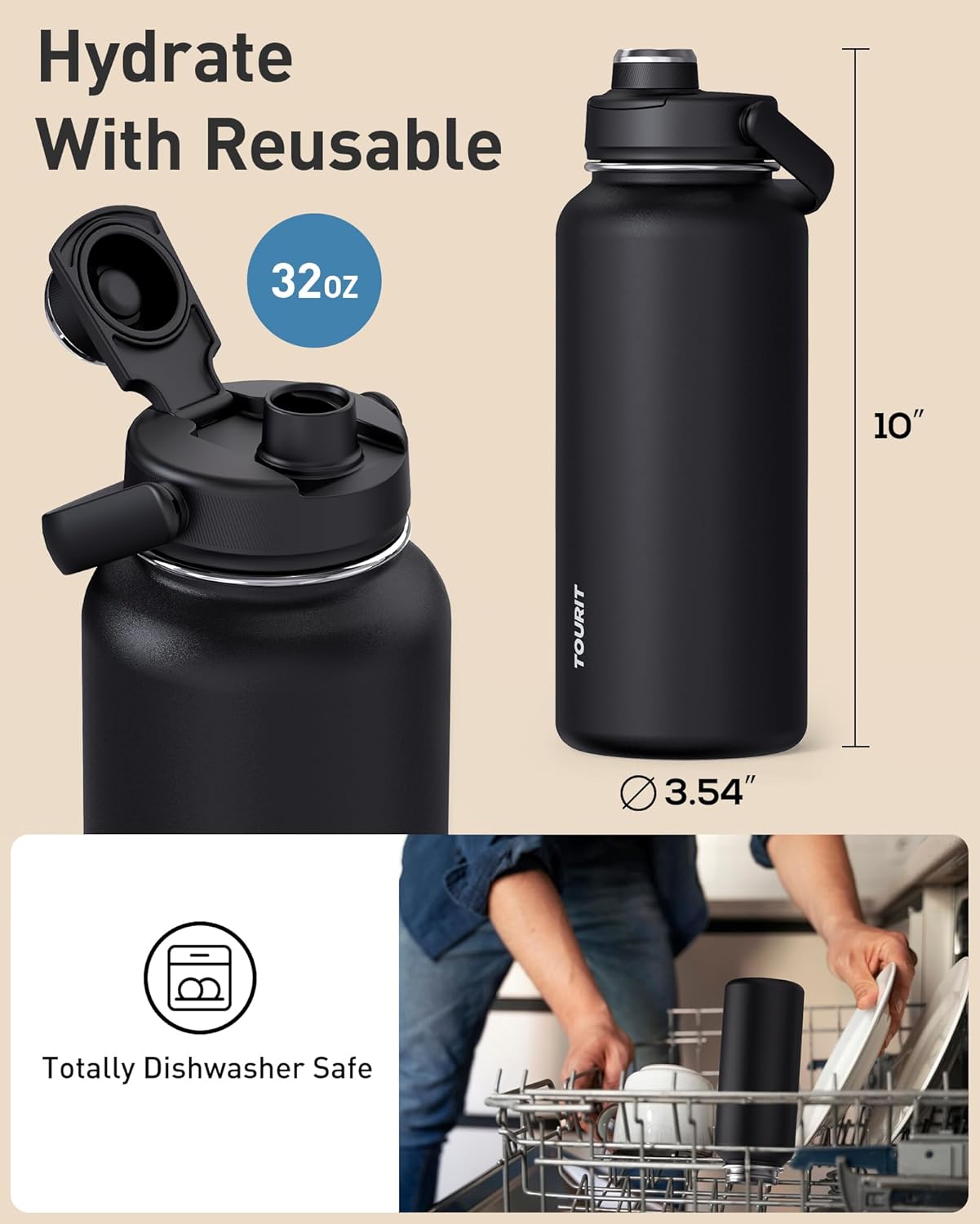 24 oz Insulated Stainless Steel Water Bottle, Obsidian | Double-wall vacuum thermal flask with top handle, leakproof