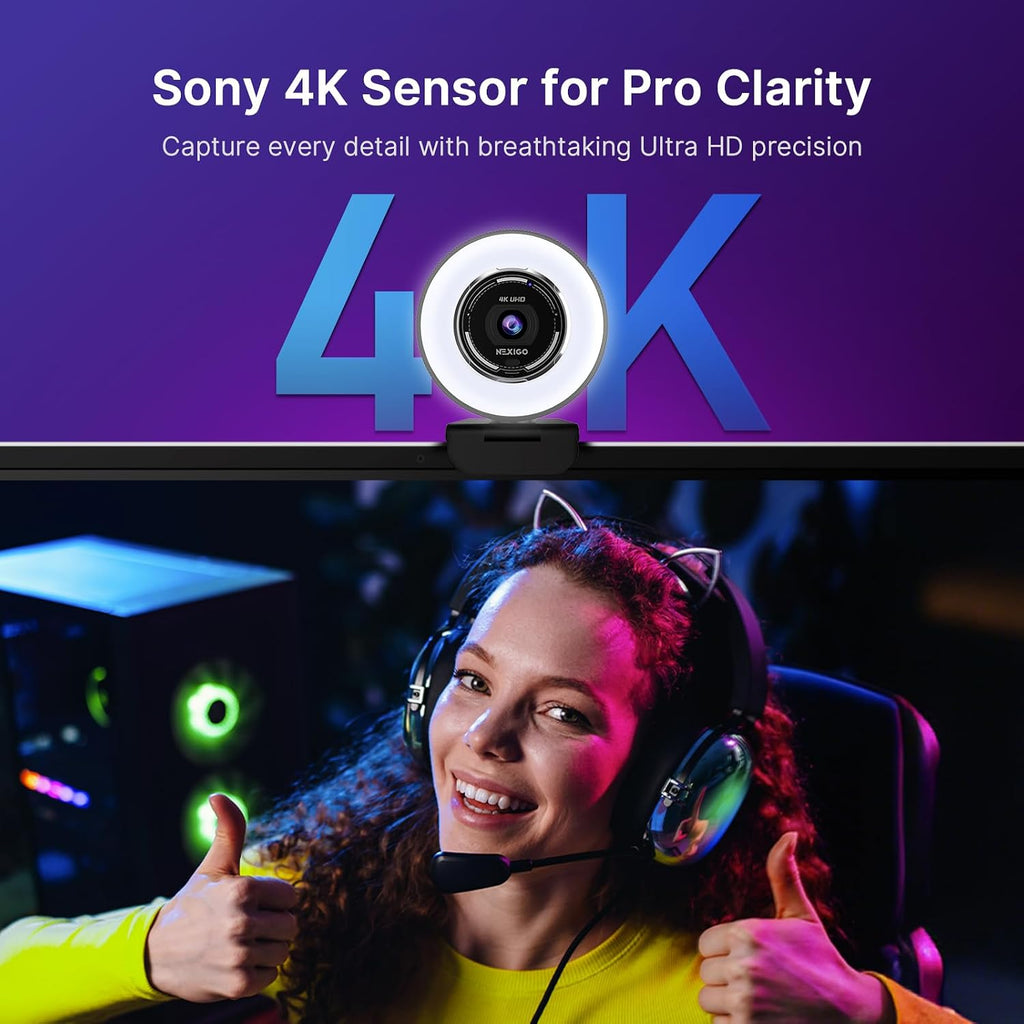 N680E Pro 4K Webcam with Ring Light, PDAF Autofocus, 1080p 60FPS, Dual Noise-Canceling Mics, Privacy Shutter, USB