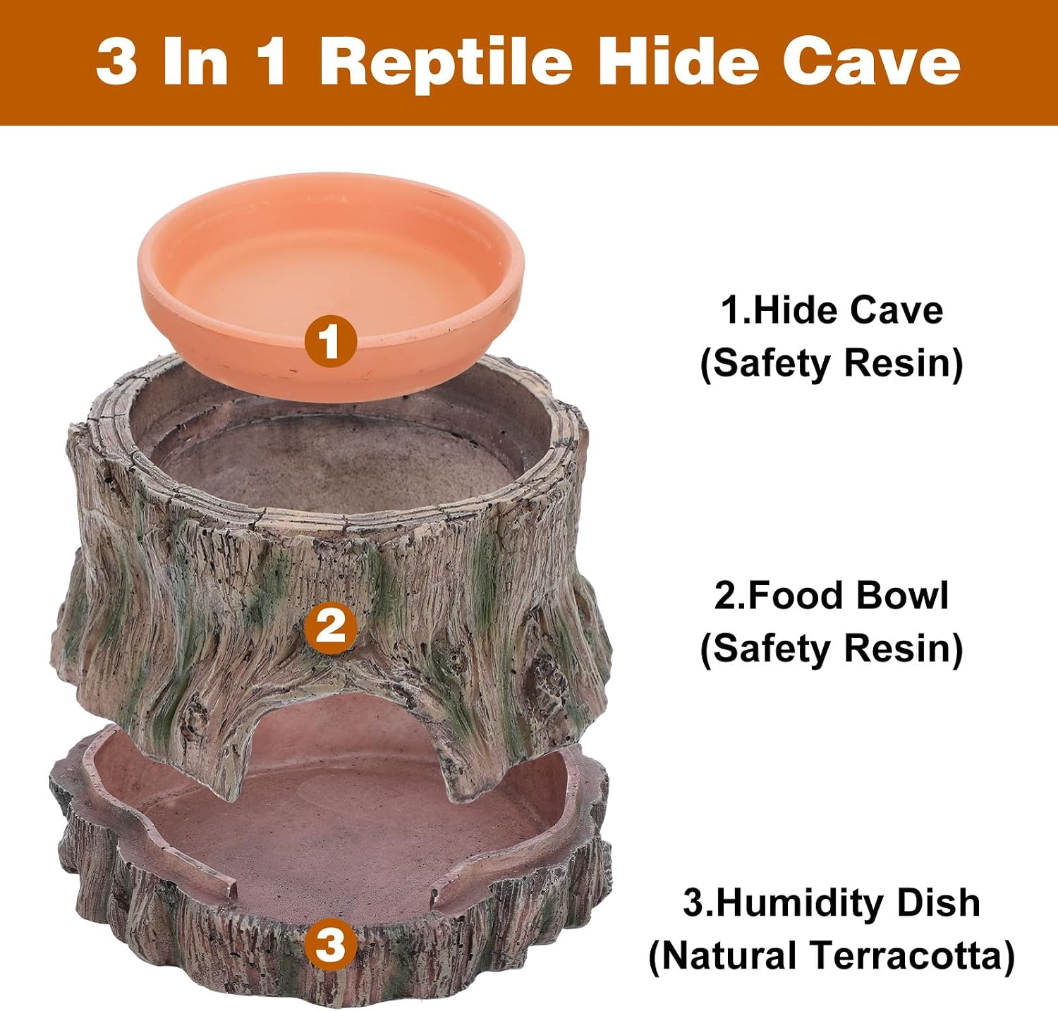 3 in 1 Reptile Hide Cave with Detachable Base & Humidity Dish, Essential Terrarium Decor for Crested Gecko, Leopard