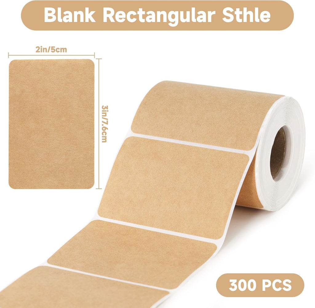 Kraft Label Stickers 2x3 Inch - 300 Pcs Self-Adhesive Brown Rectangular Blank Labels for Jars, Canning, Crafts