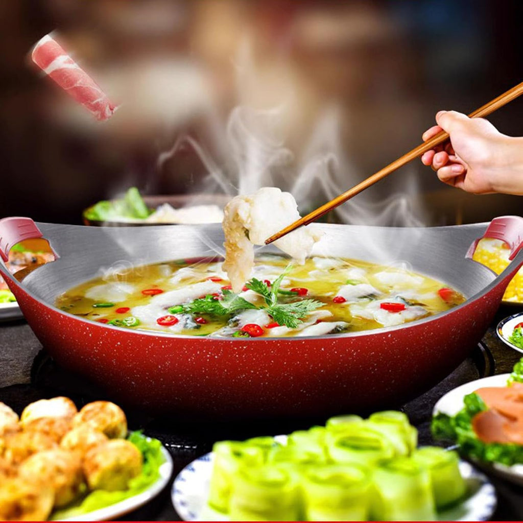 Stock Pot, Anti Stick Coating Thickened Aluminum Alloy Red Base Boiling Fish Soup Pot with Dual Handles Household Wok