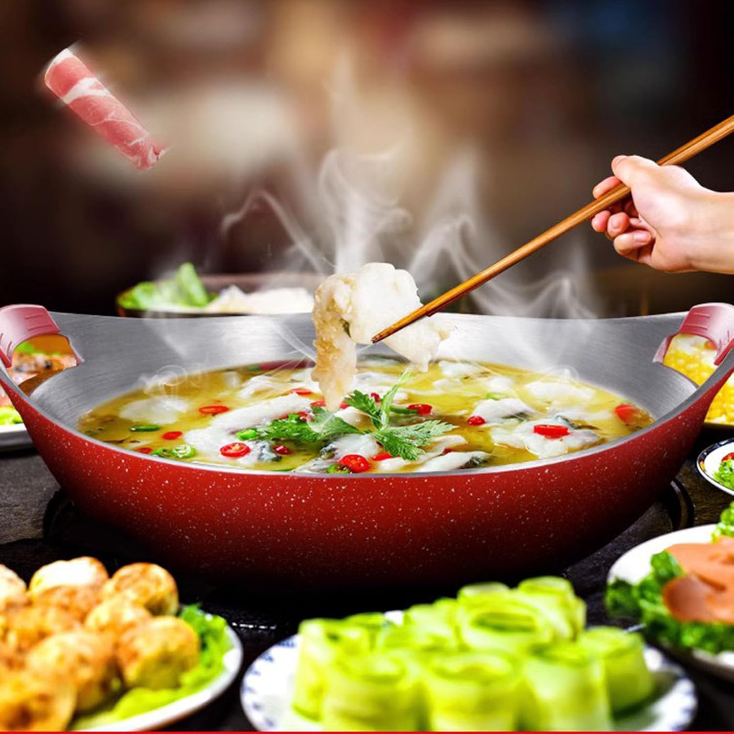 Stock Pot, Anti Stick Coating Thickened Aluminum Alloy Red Base Boiling Fish Soup Pot with Dual Handles Household Wok