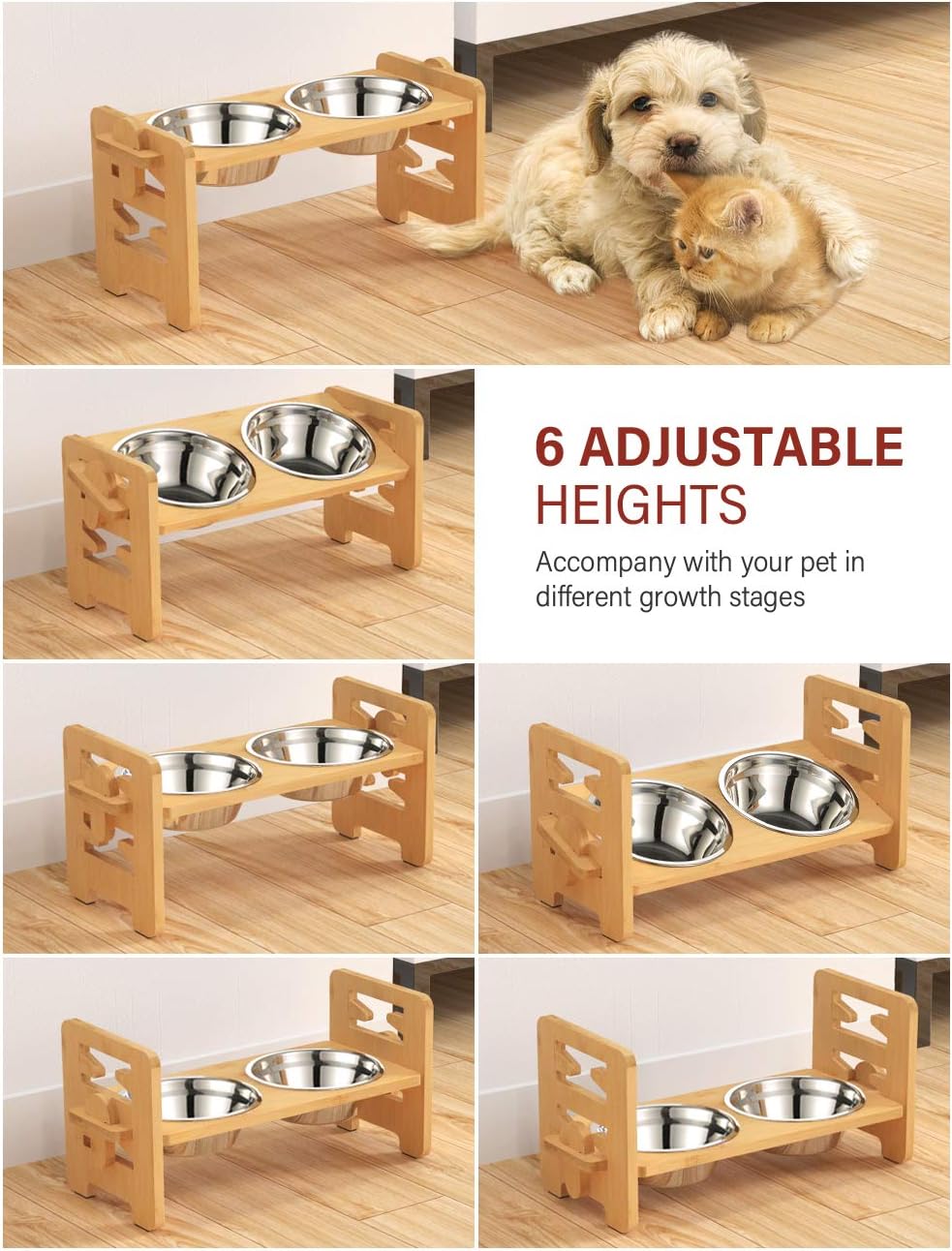Elevated Dog Bowls, Adjustable Raised Dog Bowl Stand for Small Puppy and Cats, Sturdy Bamboo Pet Food Feeder with 2