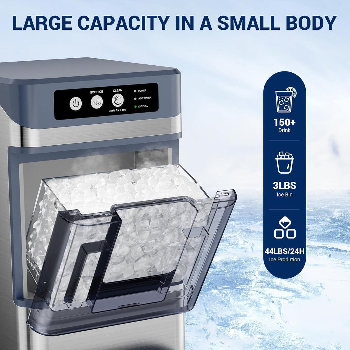 Nugget Ice Maker, 44Lbs/24H Ice Maker Countertop with 3L+1.2L Water Tanks