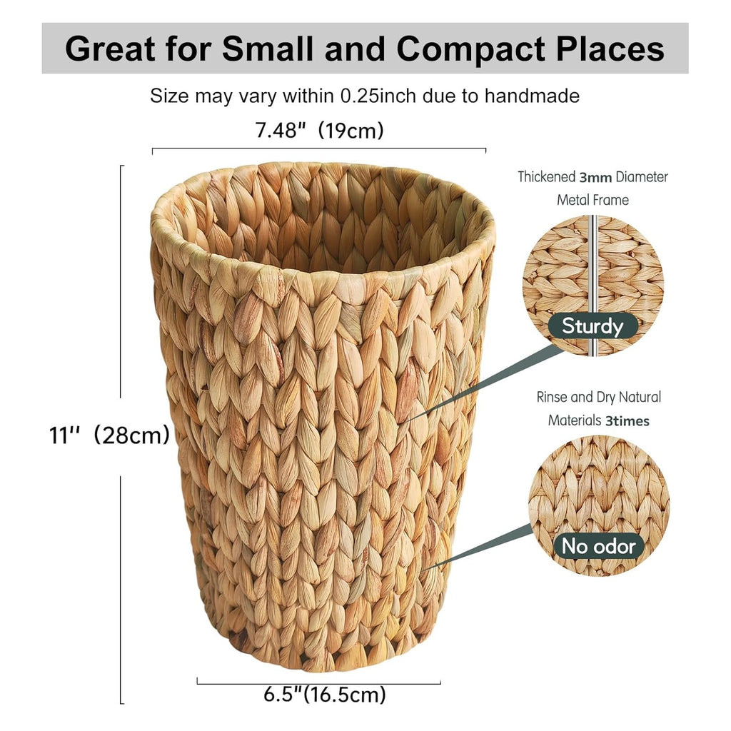 Wicker Trash Can,Small Bathroom Trash Can,Water Hyacinth Wicker Waste Basket for Bathroom,Boho Waste Basket for