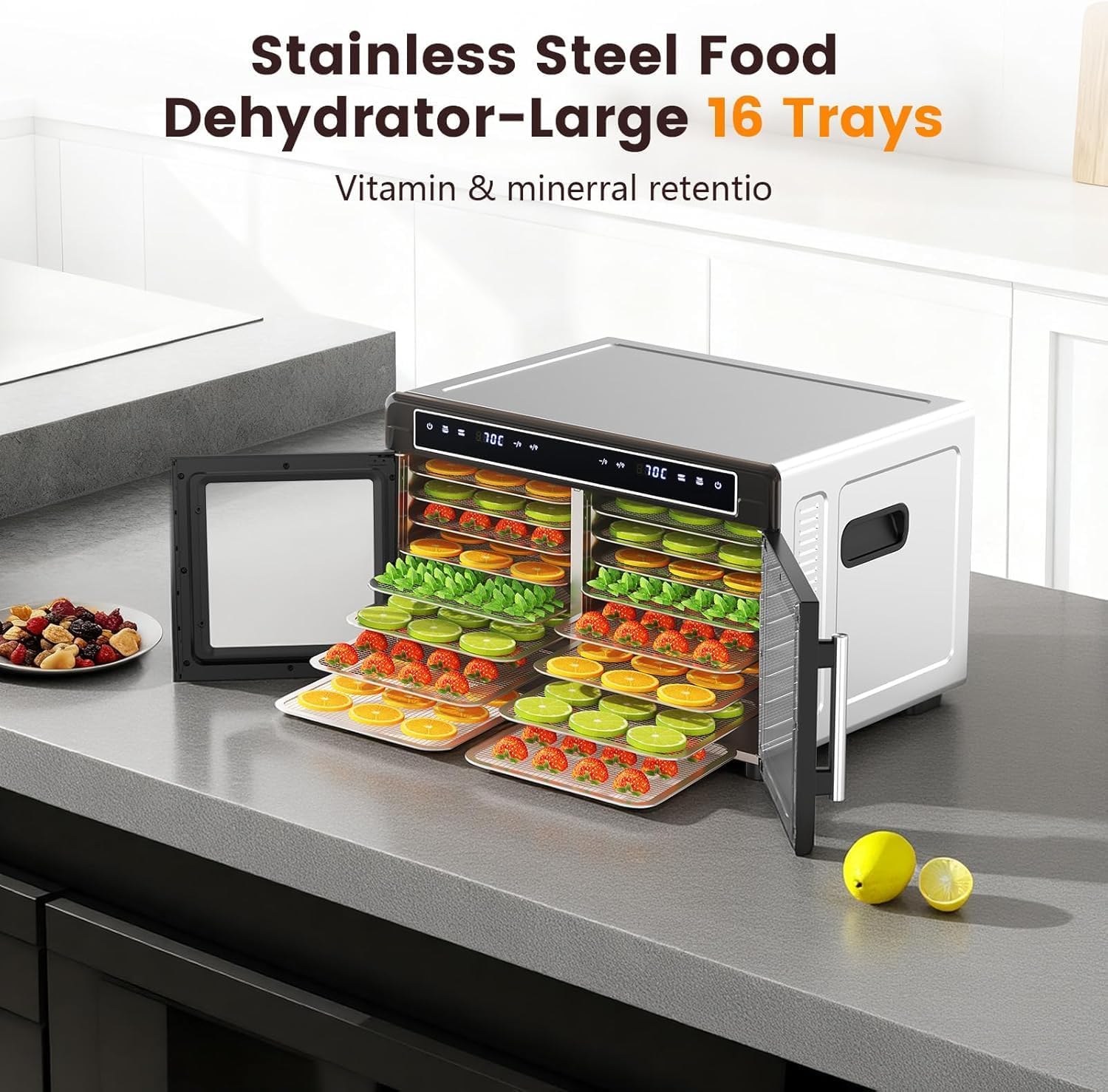 Food Dehydrator, 16 Stainless Steel Trays with 10 ft² Drying Space, 1200W, 176°F Dehydrated Dryer for Jerky & Time