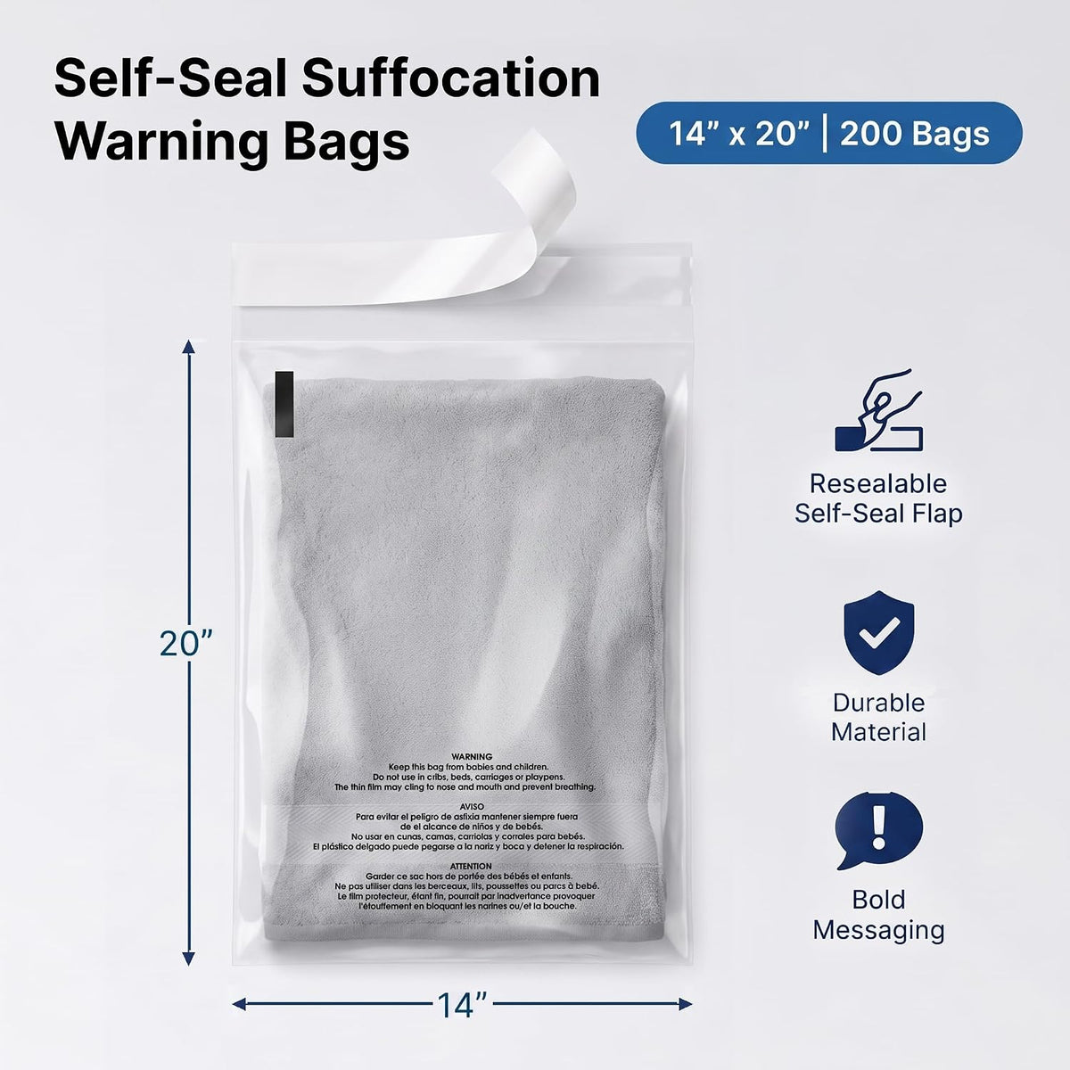 14” X 20” (200 Count) Self Seal Clear Poly Bags with Suffocation Warning