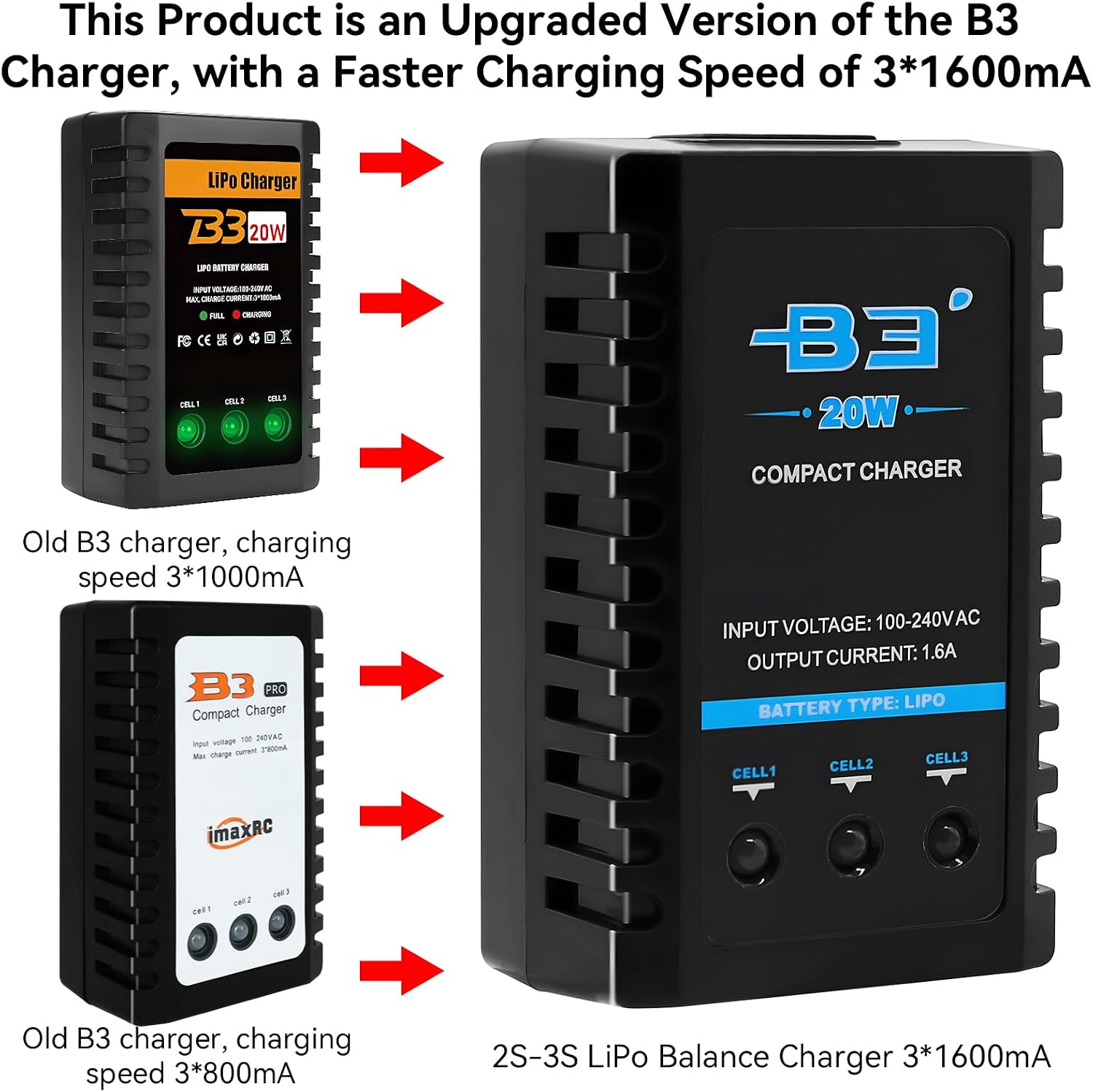 B3 Lipo Battery Charger - 2S 3S RC Balance Chargers AC 7.4-11.1V 20W 1.6A with XH3P XH4P Plug for RC Car Batteries