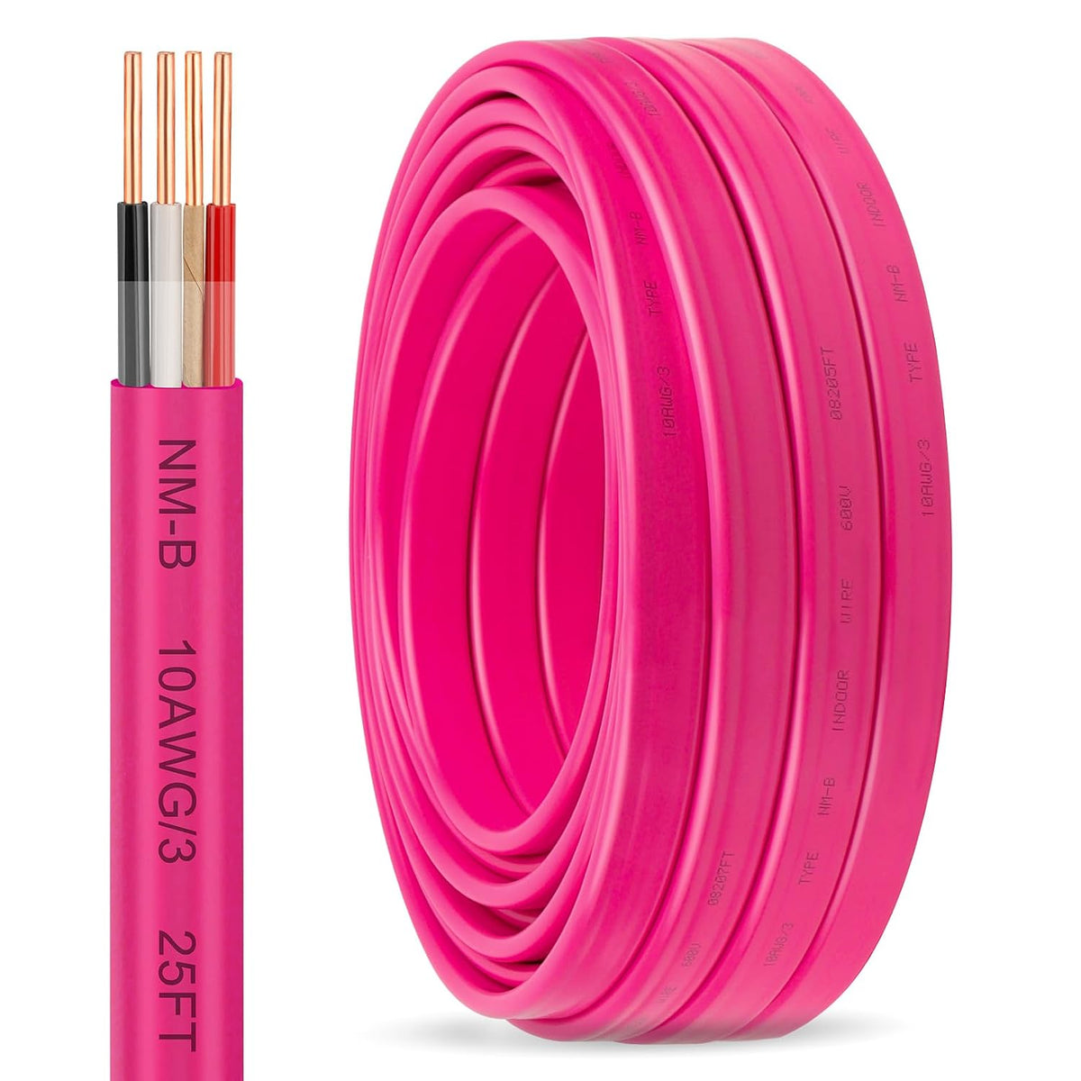 10/3 NM-B with Ground, Solid Indoor Electrical Wire, 25 FT, Pink