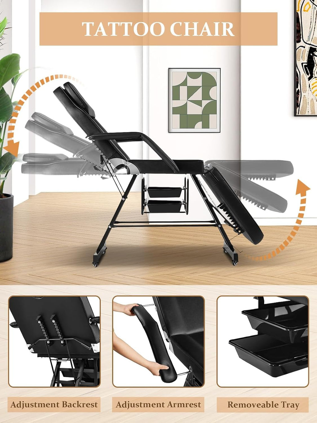 Tattoo Chair for Client, Esthetician Bed with Rolling Stool and Wheels Adjustable Beauty Salon Spa Table 360 Swivel