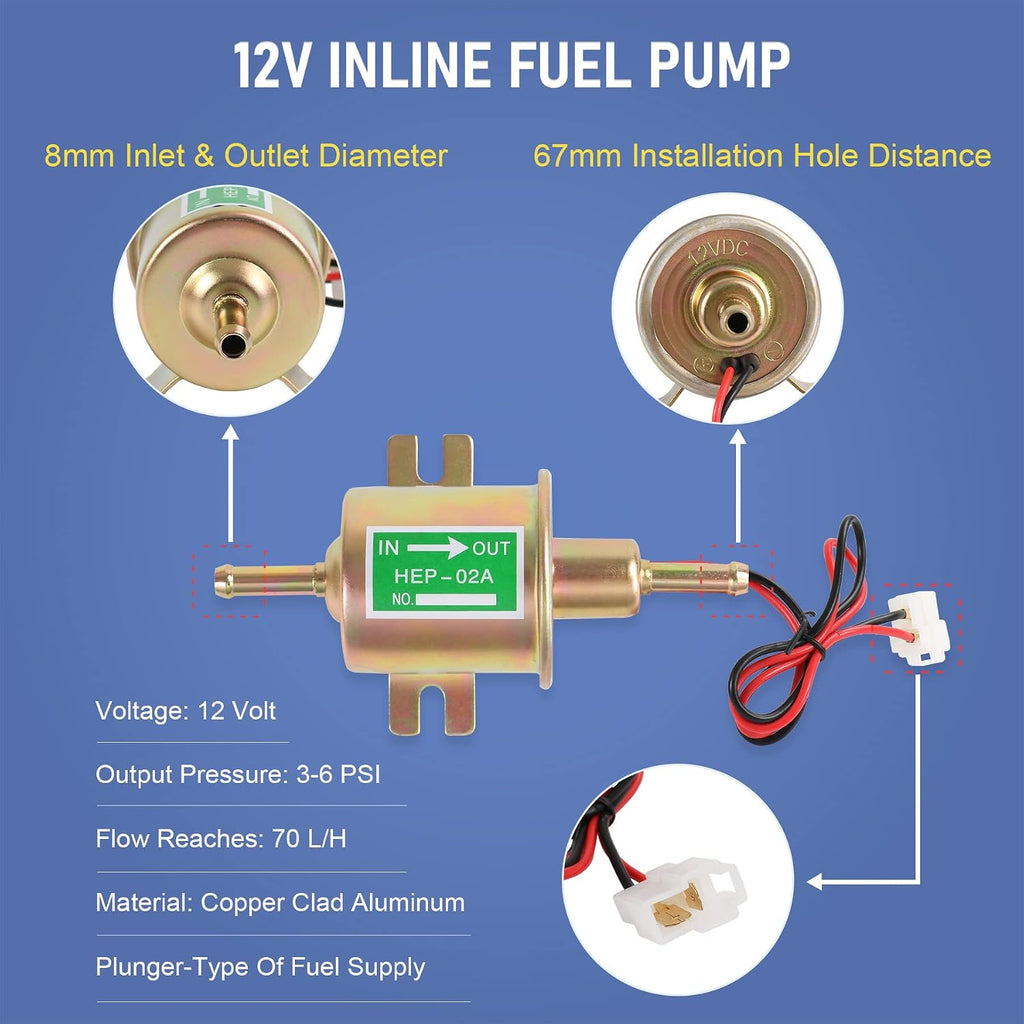Universal Electric Fuel Pump Kit 12v 3-6 PSI Low Pressure with Fuel Filters 10 Hose Clamps 6.56 FT 5/16" ID Fuel Line