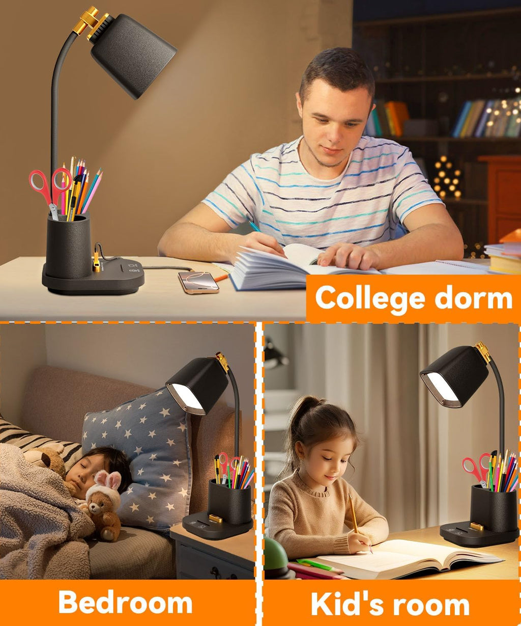 LED Desk Lamp with 2 USB Ports, Storage Box, Small Table Lamp for Home Office, Bedroom, College Dorm Room, Gooseneck