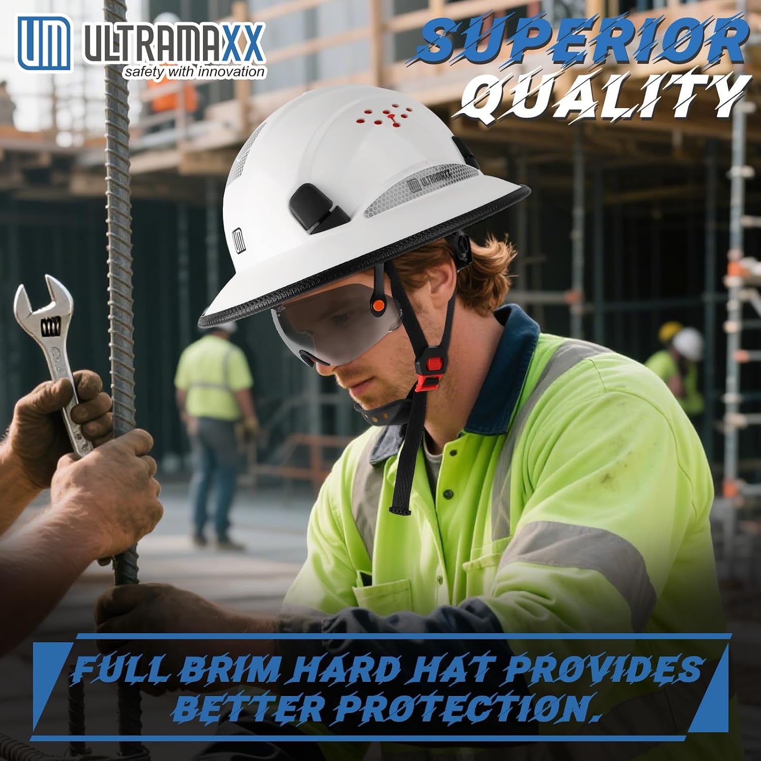 Full Brim Hard Hat with Built-in Visor, ANSI Z89.1 OSHA Approved Construction Safety Helmet with Chin Strap for Men