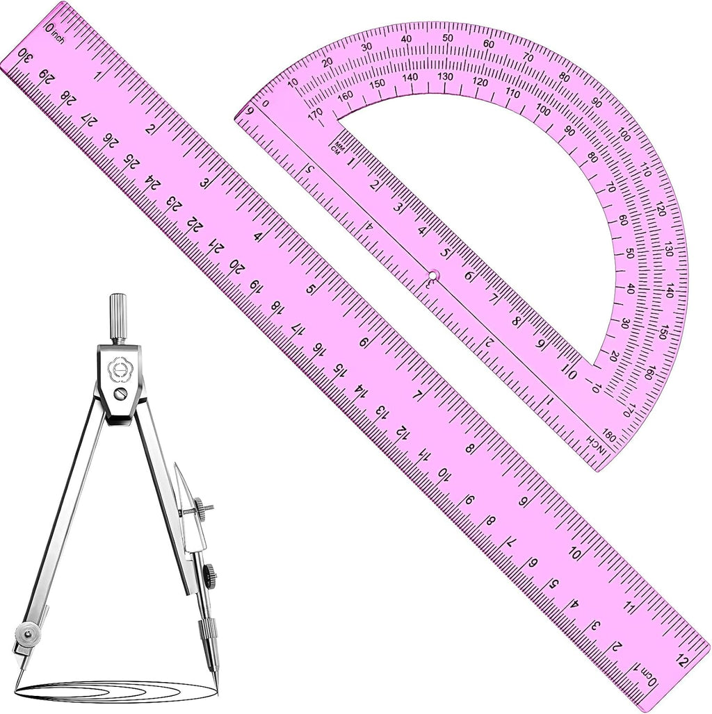 3 Pcs Plastic Ruler 6 Inch Protractor Drawing Compass Set, Student Geometry Math Transparent Measuring Tools for Home