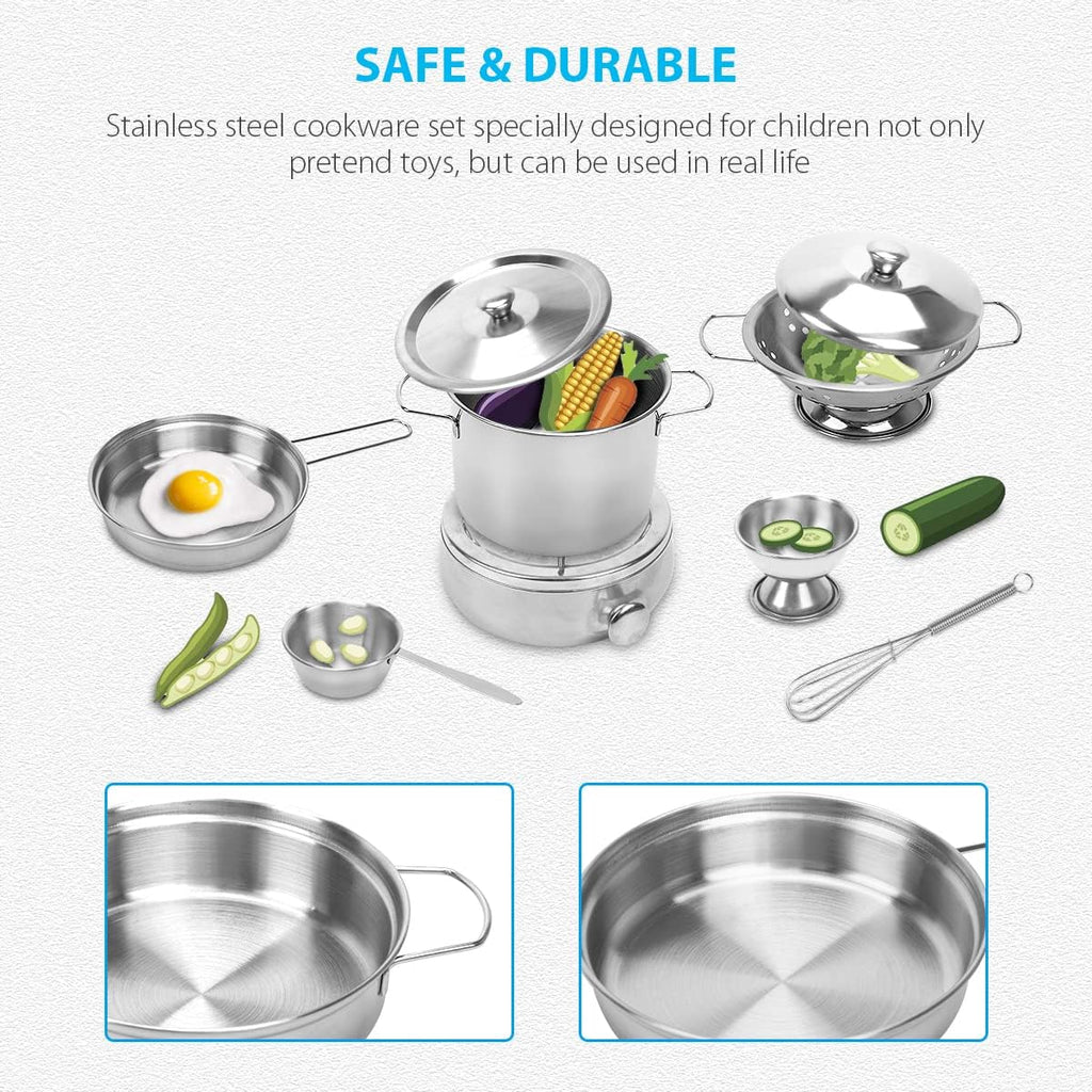 Kids Kitchen Pretend Play Toys, Cooking Toys Play Pots and Pans Set for Kids, 21pcs Small Stainless Steel Kitchen