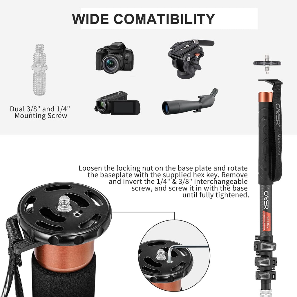 CF34DV Carbon Fiber Monopod, 68" with Folding Feet for Camera | Carbon Fiber Tube, Folding Feet, 4-Section, 68"