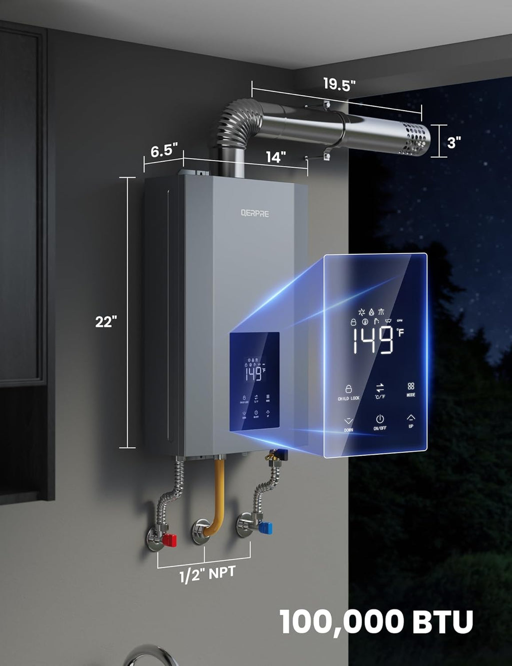 Tankless Water Heater Propane with Vent Pipe, Indoor Max 4.3 GPM, 100,000 BTU, On-Demand Instant Hot Water Heater