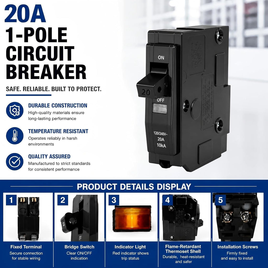 1-Pole 20 Amp Circuit Breaker, Compatible with QO120, for QO Load Centers | 120/240V AC, 10kAIC, Thermal Magnetic