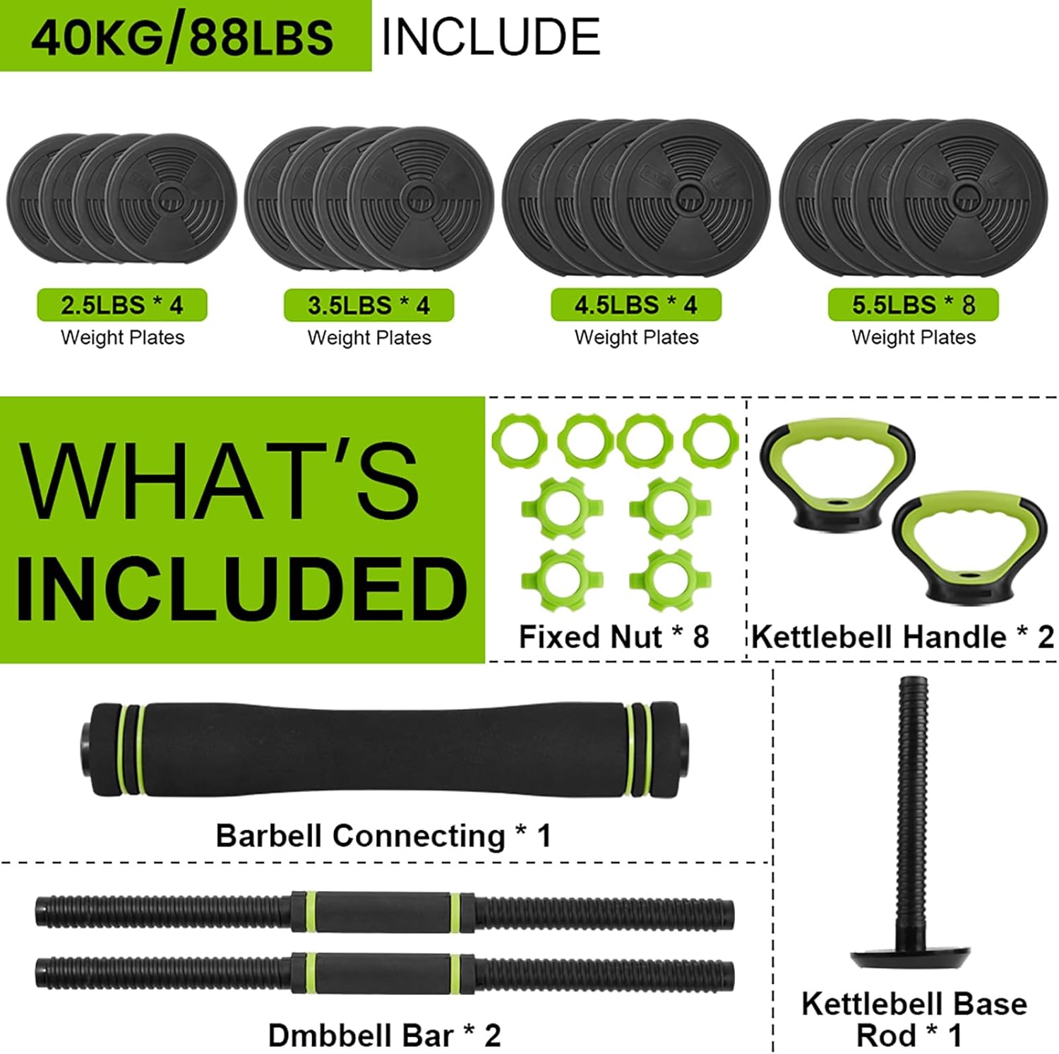 44/66/88Lb Dumbbell Sets Adjustable Weights, Free Weights Dumbbells Set for Home Gym