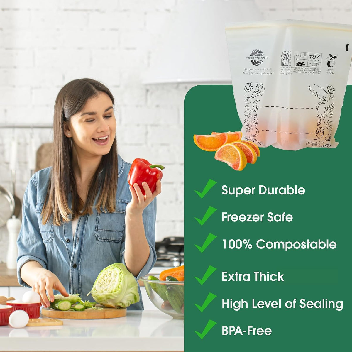 Compostable Food Storage Bags, Resealable Sandwich Bags, 50 Count, 6.7 x 6.8 inches, Extra Thick, Certified US BPI