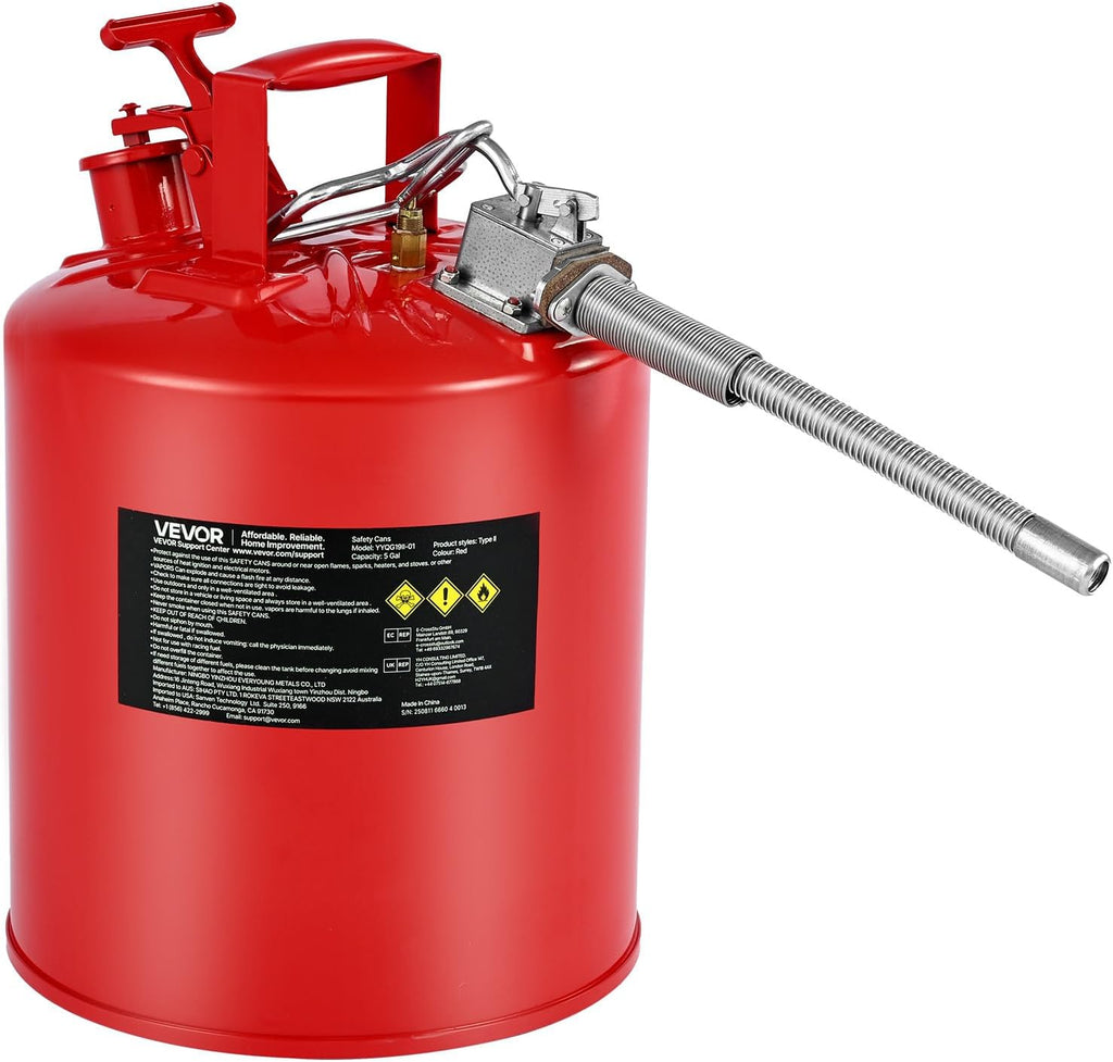 Safety Gas Can, 5 Gallon Type II Red Safety Can for Gasoline with Stainless Steel Flame Arrester, Self-Closing Lid &