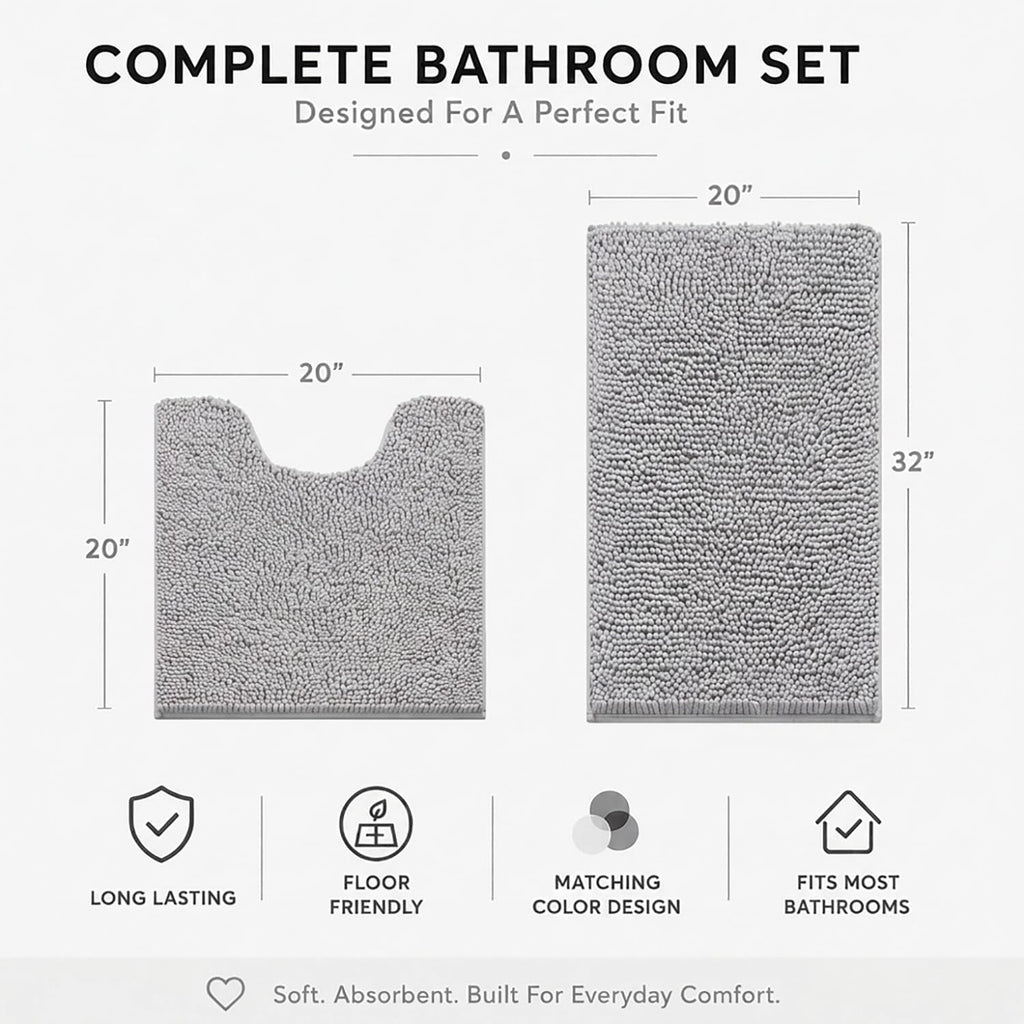 Bathroom Rugs Sets 2 Piece,Super Absorbent Soft,Thick,Machine Washable Chenille Bath Mat,Non Slip Toilet Floor