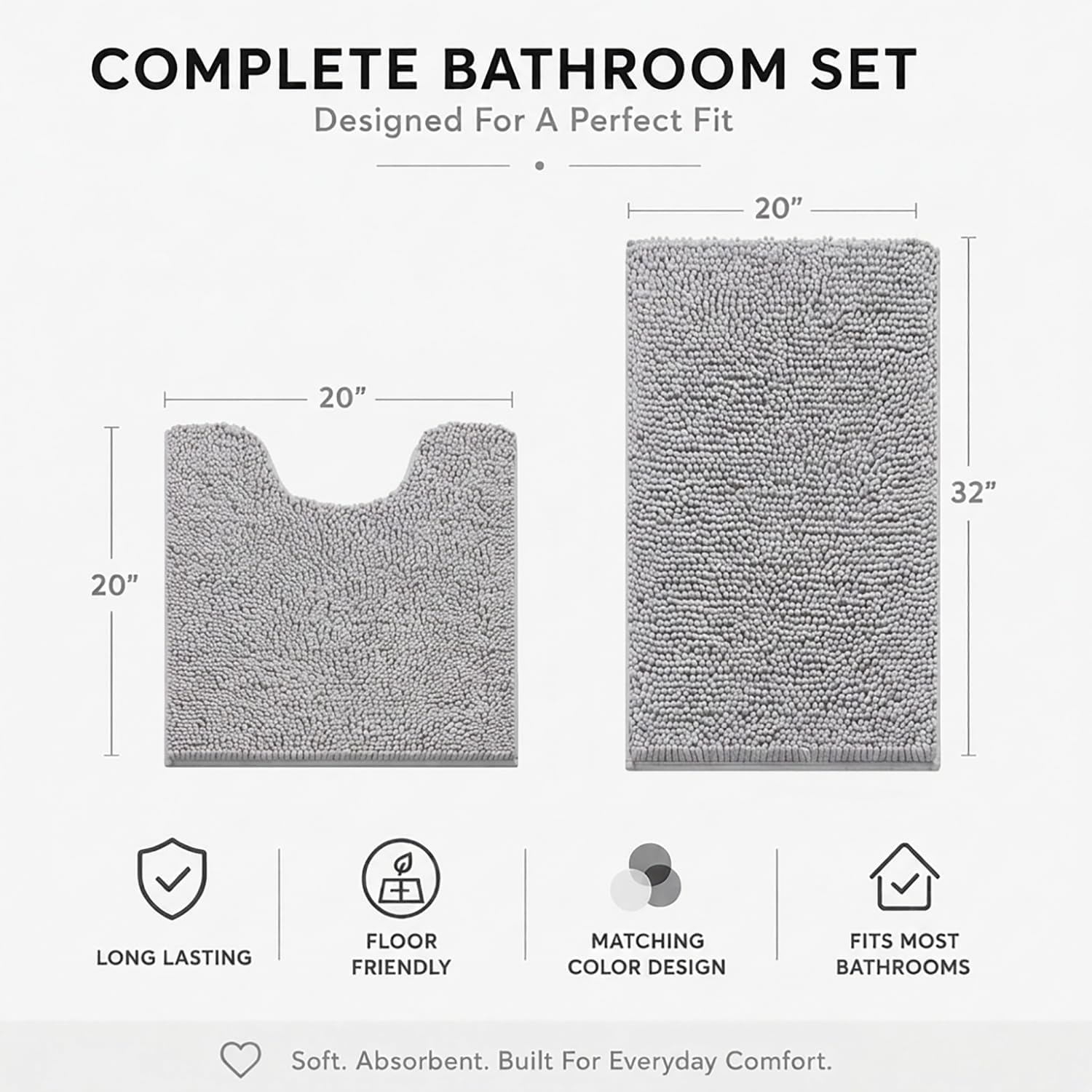 Bathroom Rugs Sets 2 Piece,Super Absorbent Soft,Thick,Machine Washable Chenille Bath Mat,Non Slip Toilet Floor