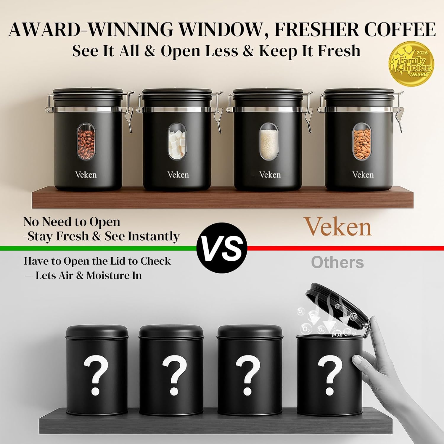 Coffee Canister with Window, 39OZ Large Airtight Stainless Steel Jars | Kitchen Food Storage Pantry Container for