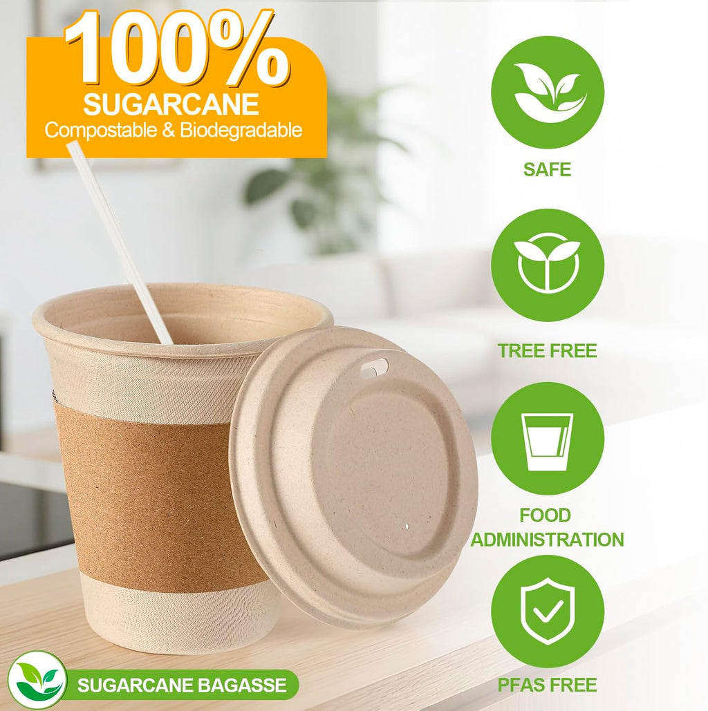 50 Sets Compostable Coffee Cups, Lids Sleeves Straws,12oz,Natural