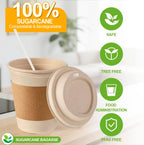 50 Sets Compostable Coffee Cups, Lids Sleeves Straws,12oz,Natural