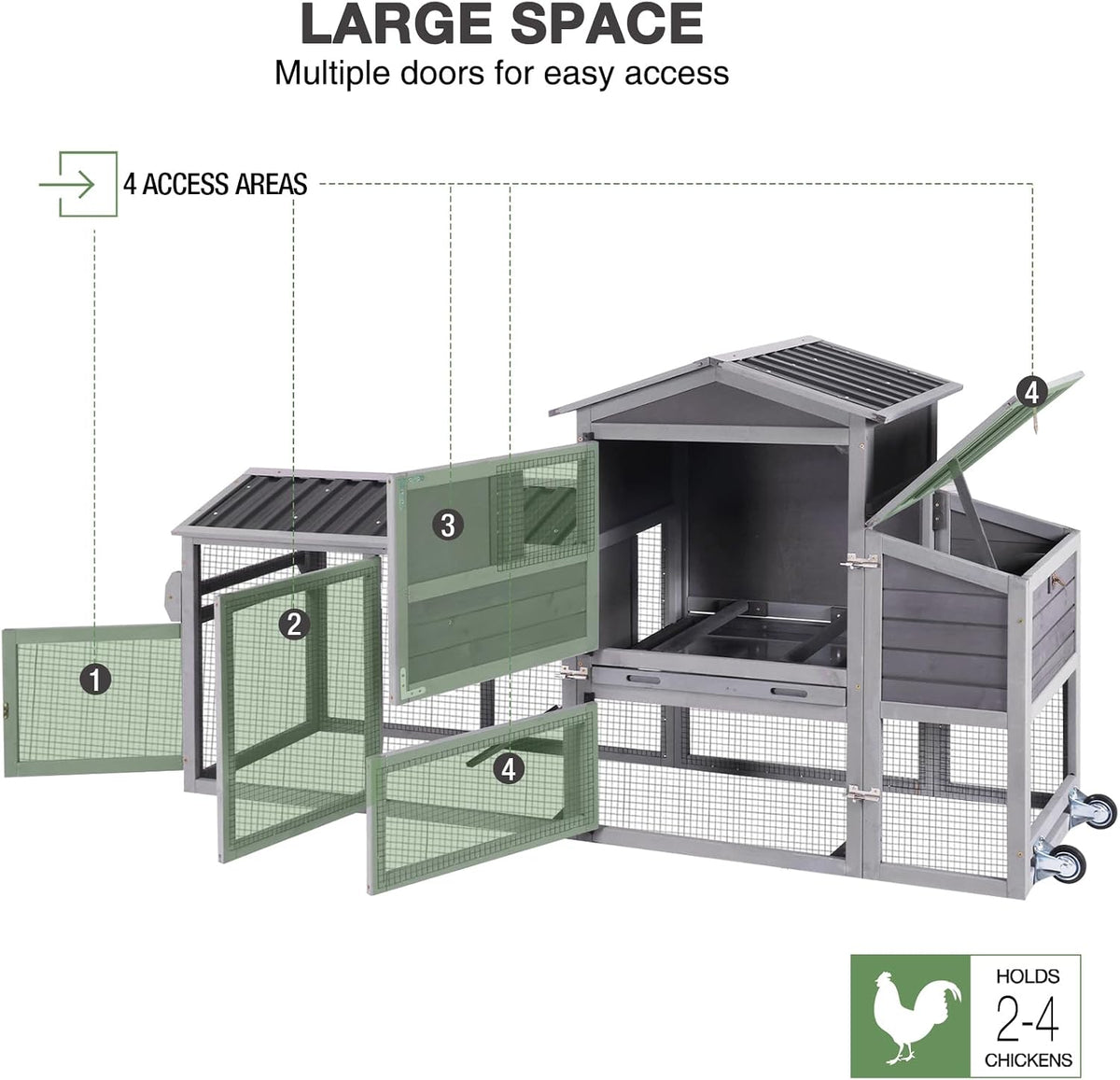Chicken Coop with Wheels, Portable Chicken Tractor & Large Chicken House with Run, Nesting Box, Waterproof Roof &
