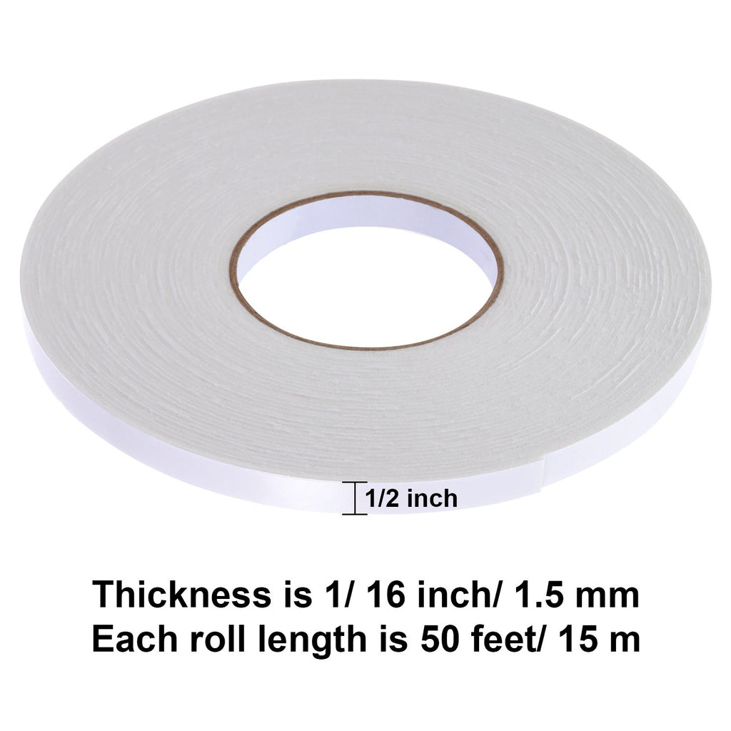 2 Rolls Double Sided Foam Tape for Mounting,1/2 Inch by 50 Feet,White