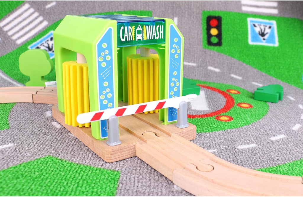 Wooden Car Wash Station with Train Truck,Expansion Pack Compatible with Railway Train Set,Wooden Toy Train Accessory