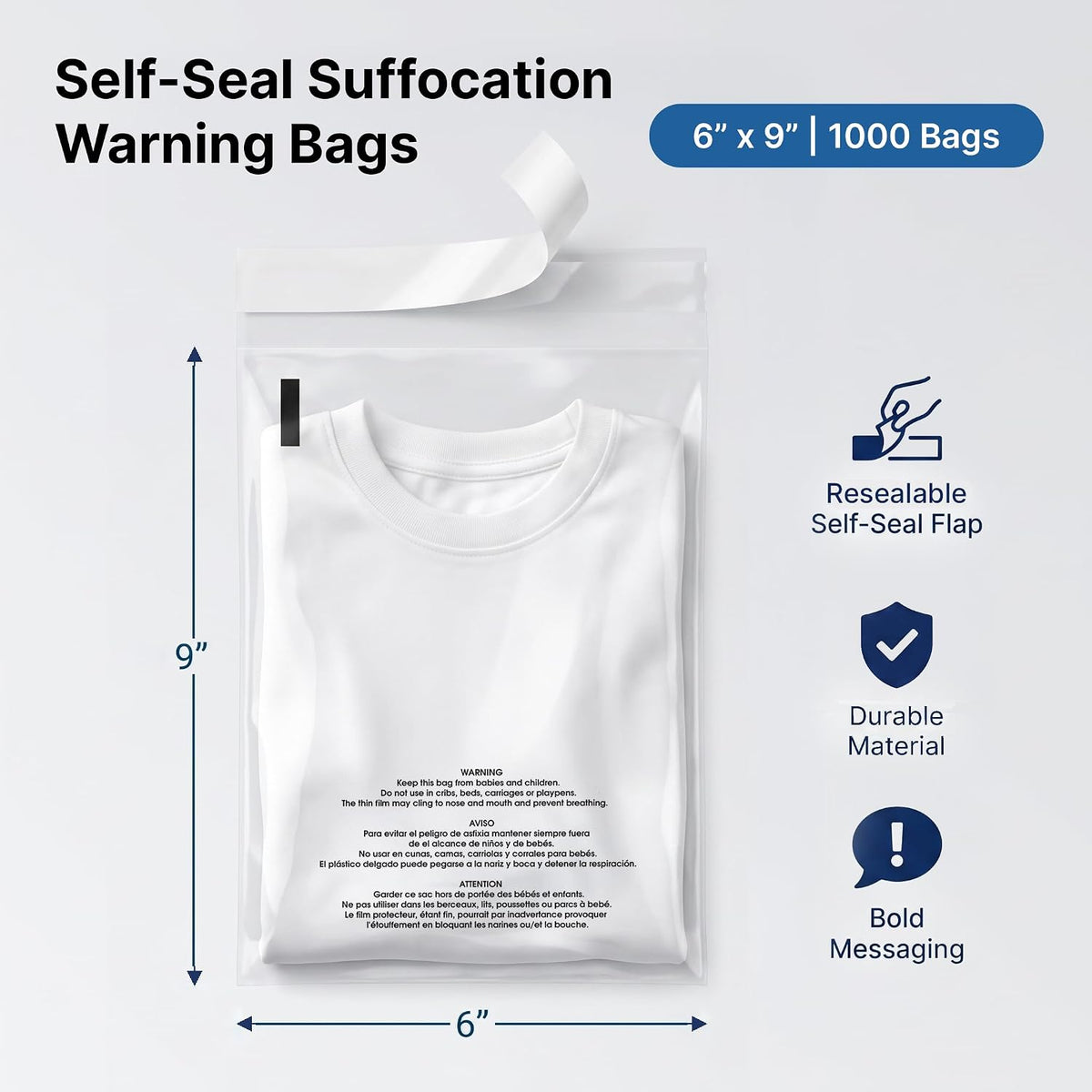 6” X 9” (1000 Count) Self Seal Clear Poly Bags with Suffocation Warning